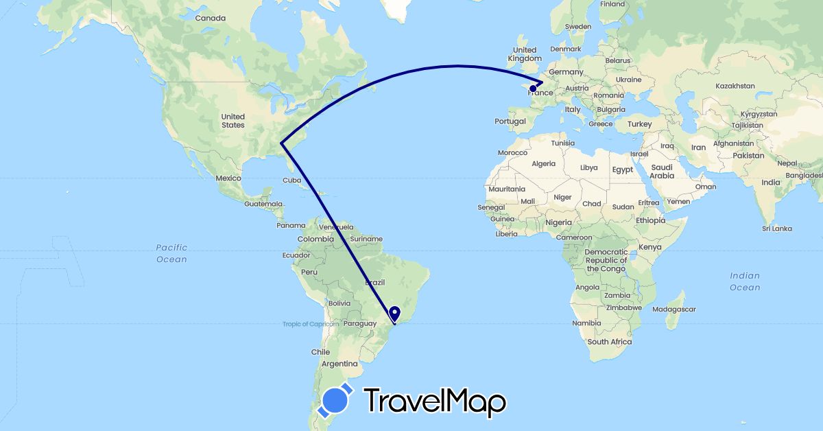 TravelMap itinerary: driving in Brazil, France, United States (Europe, North America, South America)